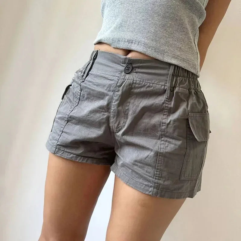 Vintage Streetwear Cargo Shorts Women Solid Color Summer Sexy Low Waist with Pockets Shorts Female American Street Y2K Shorts