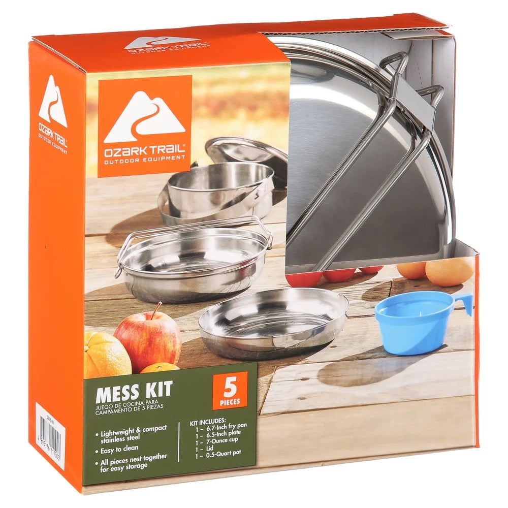 Space Saving 5 Piece Cookware Set Stainless Steel Mess Kit Non Stick Pot Fry Pan Plate Bowl Camping Cooking Tools