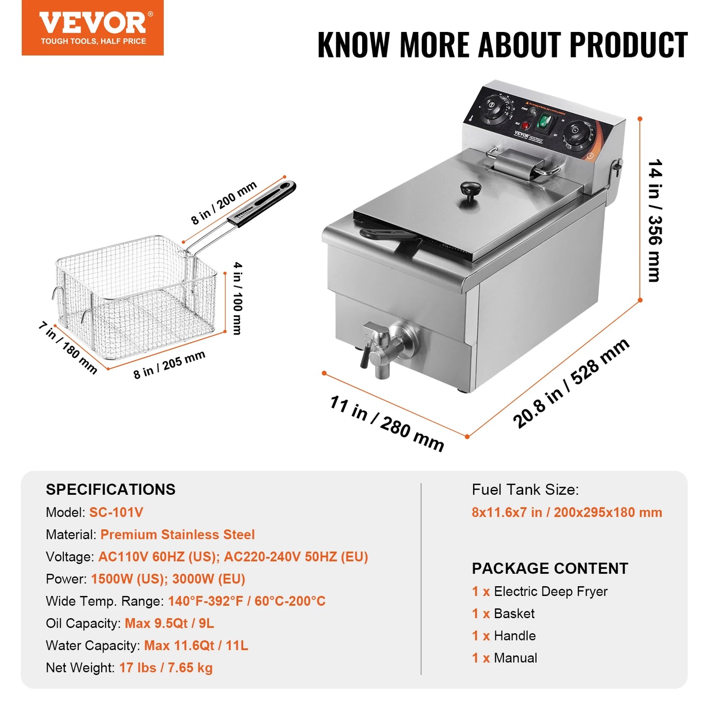 Commercial Deep Fryer Electric Countertop Fryer with Basket 11.6Qt Stainless Steel Single Oil Fryer w/Time&Temp Control