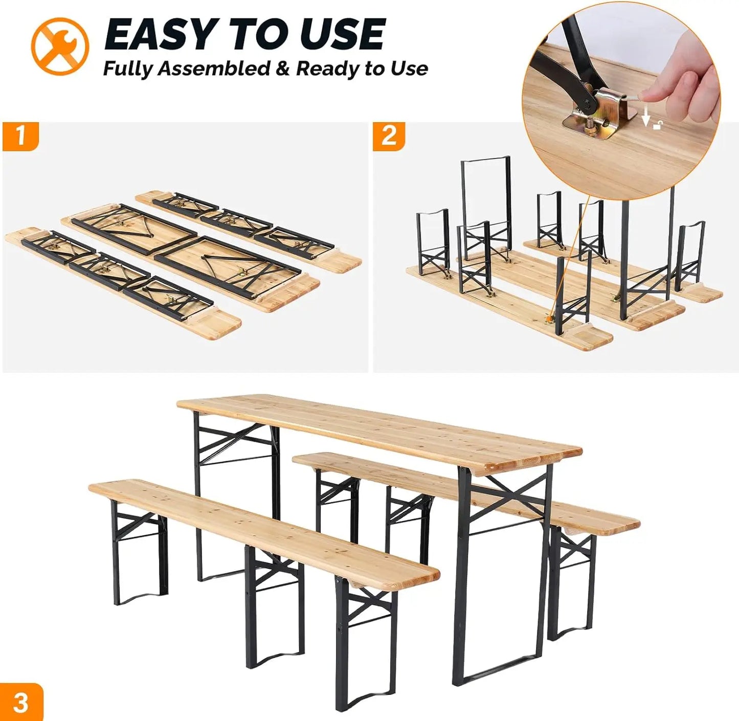 70 Inch Folding Picnic Tables with Benches Set, Weather-Resistant Wooden Beer Garden Table Bench, 3-Piece Portable Fold Up