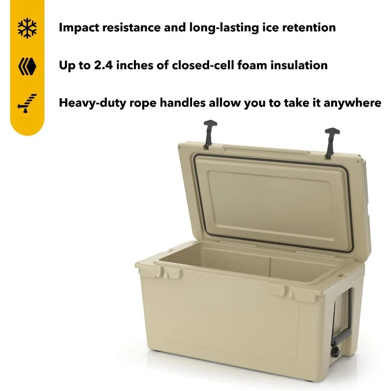 65 QT Ultra-Tough Cooler Hard Insulated Portable Ice Chest Box for Beach, Drink, Beverage, Camping, Picnic, Fishing, Boat