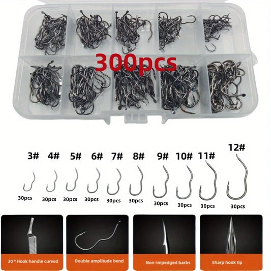 300/500 carbon steel fishing hook set, including sizes 3-12, with barbed sharp hooks