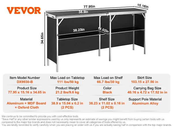 VEVOR Folding Portable Bar Table Table for Party Picnic E