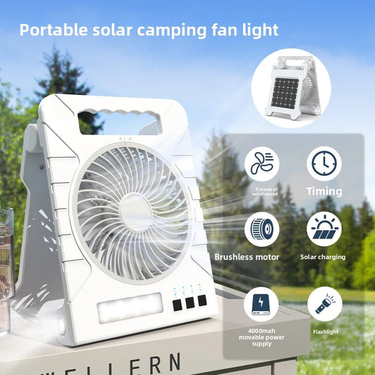 Powered Camping Solar Fan - Portable Rechargeable Handheld Fan with LED Light, Power Bank for Outdoor, Fishing, and Wild Camping