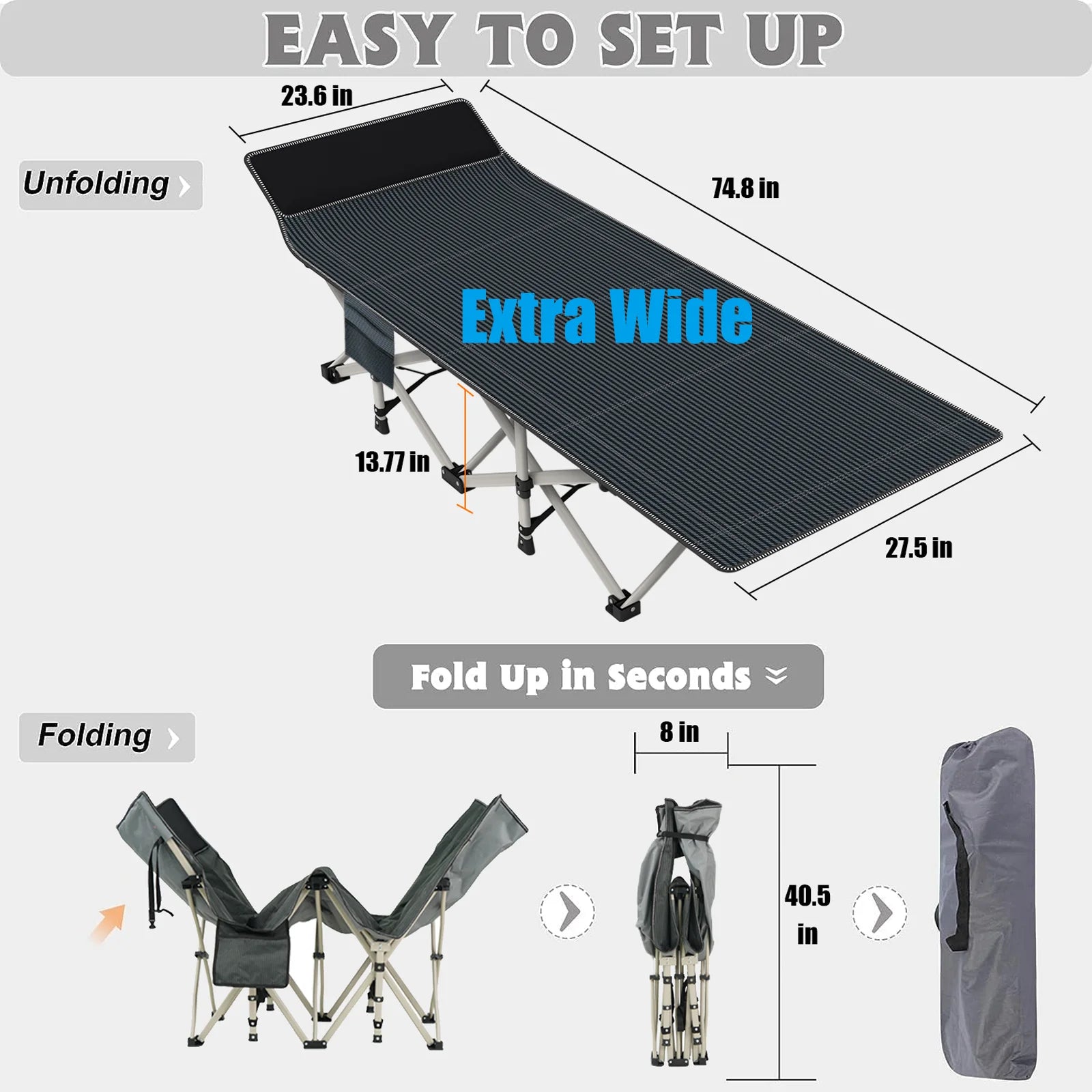 XXL Camping Bed/Camping Cots For Adults, Portable & Foldable Folding Cot Bed With 4" Cozy Mattress, Easy-to-Carry Outdoor Daybed