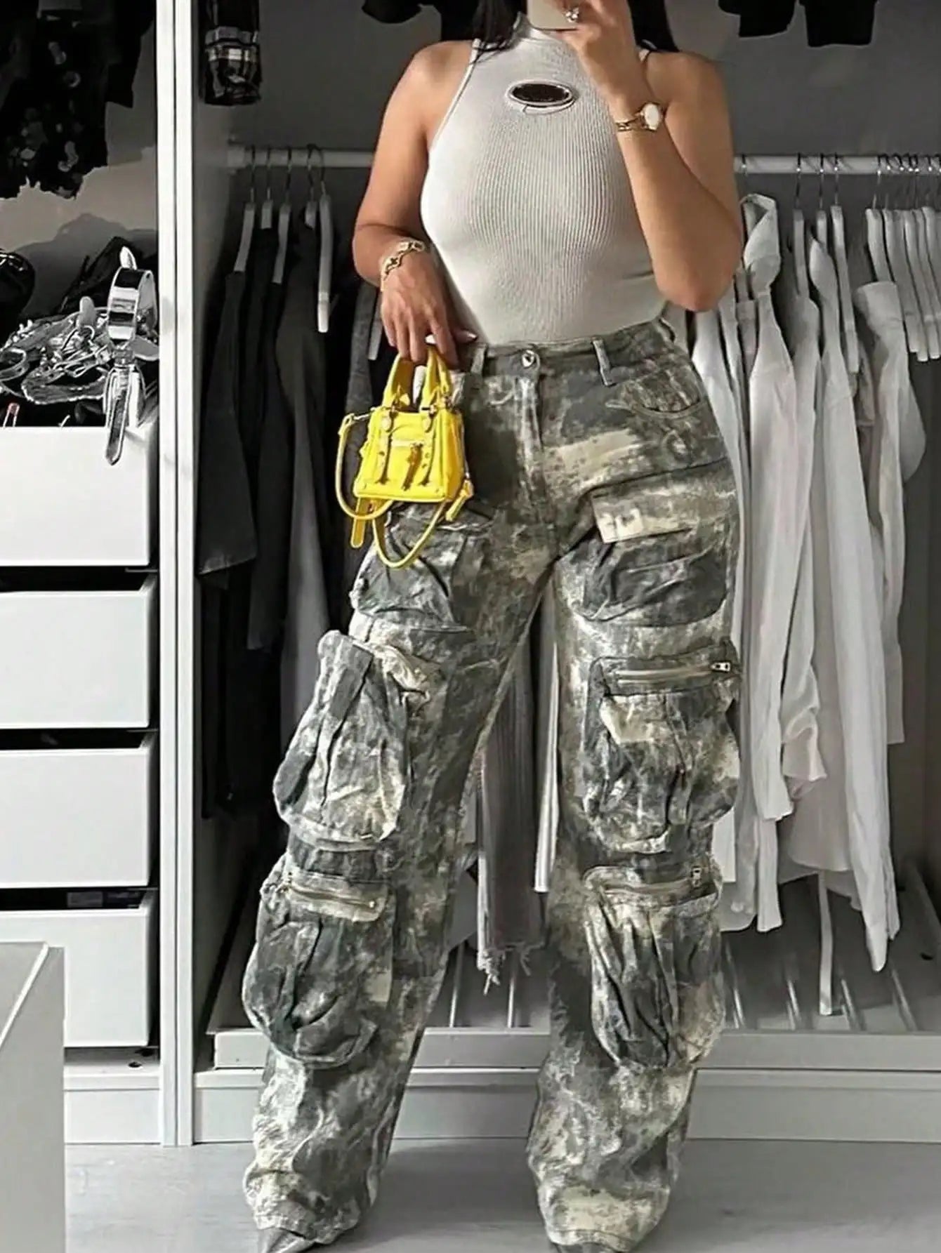 Women's High Waist Baggy Camo Cargo Pants - Relaxed Wide-Leg with Pockets, New Year Warm Thermal