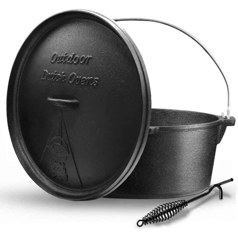 12 Qt Pre-Seasoned Camping Cookware Pot with Lid - Lid Lifter, Cast Iron Dutch Oven