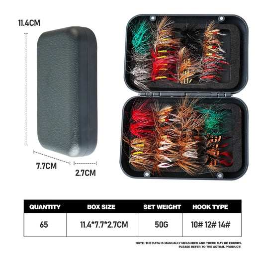 65 piece set of artificial fly and insect lure bait for outdoor trout, sea bass, lure bait, and lure bait accessories