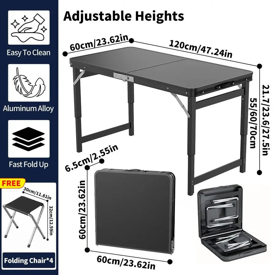 Portable Folding Card Table with Chairs,4ft Foldable Table Adjustable Height,Aluminum Alloy Frame Folding Dining Table with Carr