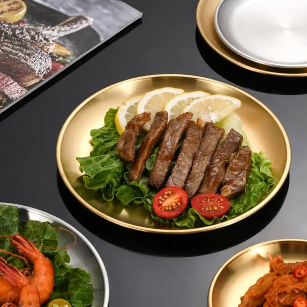 Steel Plates Metal Gold Dinner Plates Unbreakable Dinner Dishes Plates Set For Camping Outdoor