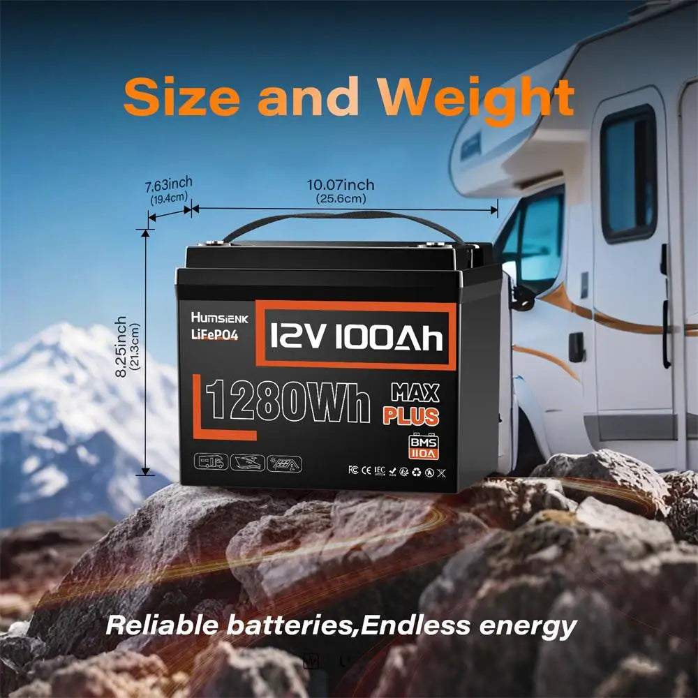 Humsienk LiFePO4 Lithium Battery 12V 100AH MAX With 100A BMS Protect Portable For Vans, RV, Golf Cart, Touring Car, Marine, etc