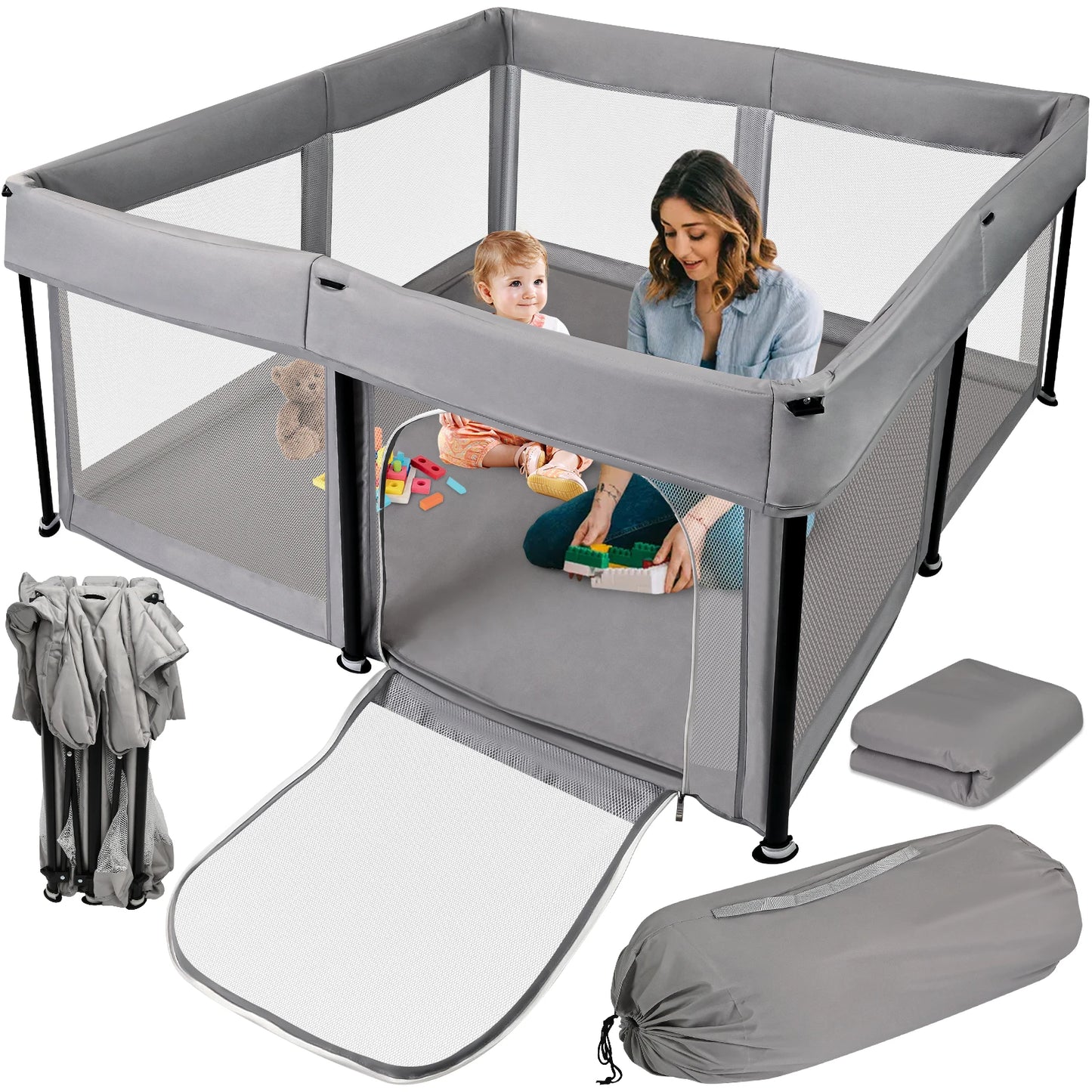Foldable Baby Playpen with Mat - 50 x 50 Inch, Portable Sturdy Safe Baby Fence with Visible Breathable Mesh, Zipper Door, Storag
