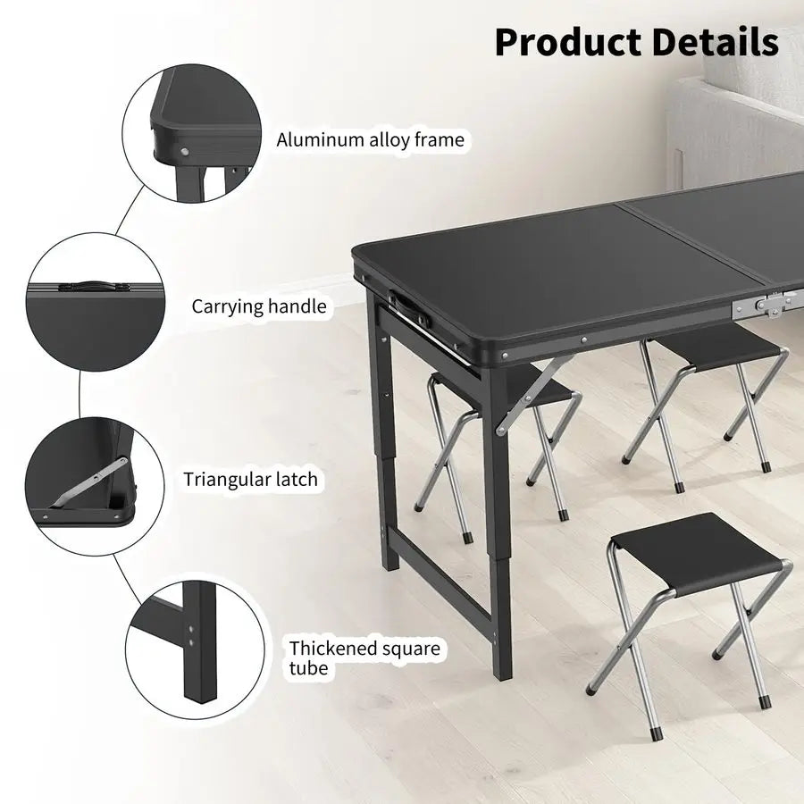 Portable Folding Card Table with Chairs,4ft Foldable Table Adjustable Height,Aluminum Alloy Frame Folding Dining Table with Carr