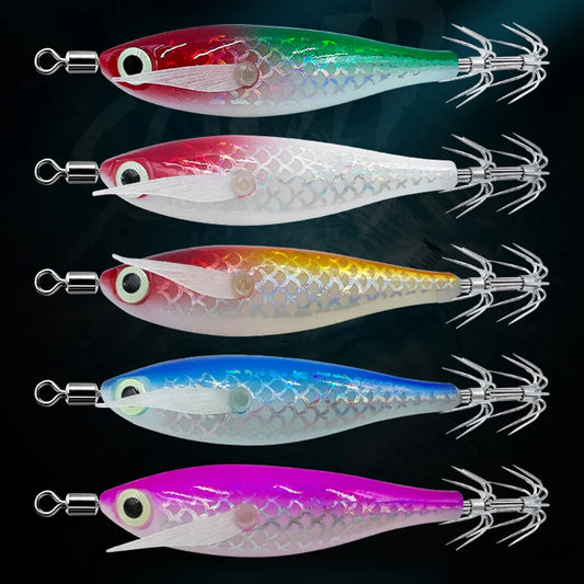 1-10PCS 9.5g Laser Luminous Squid Jig Floating Horizontal Wood Shrimp Egi Lure Bait Octopus Cuttlefish Fishing Baits 8cm