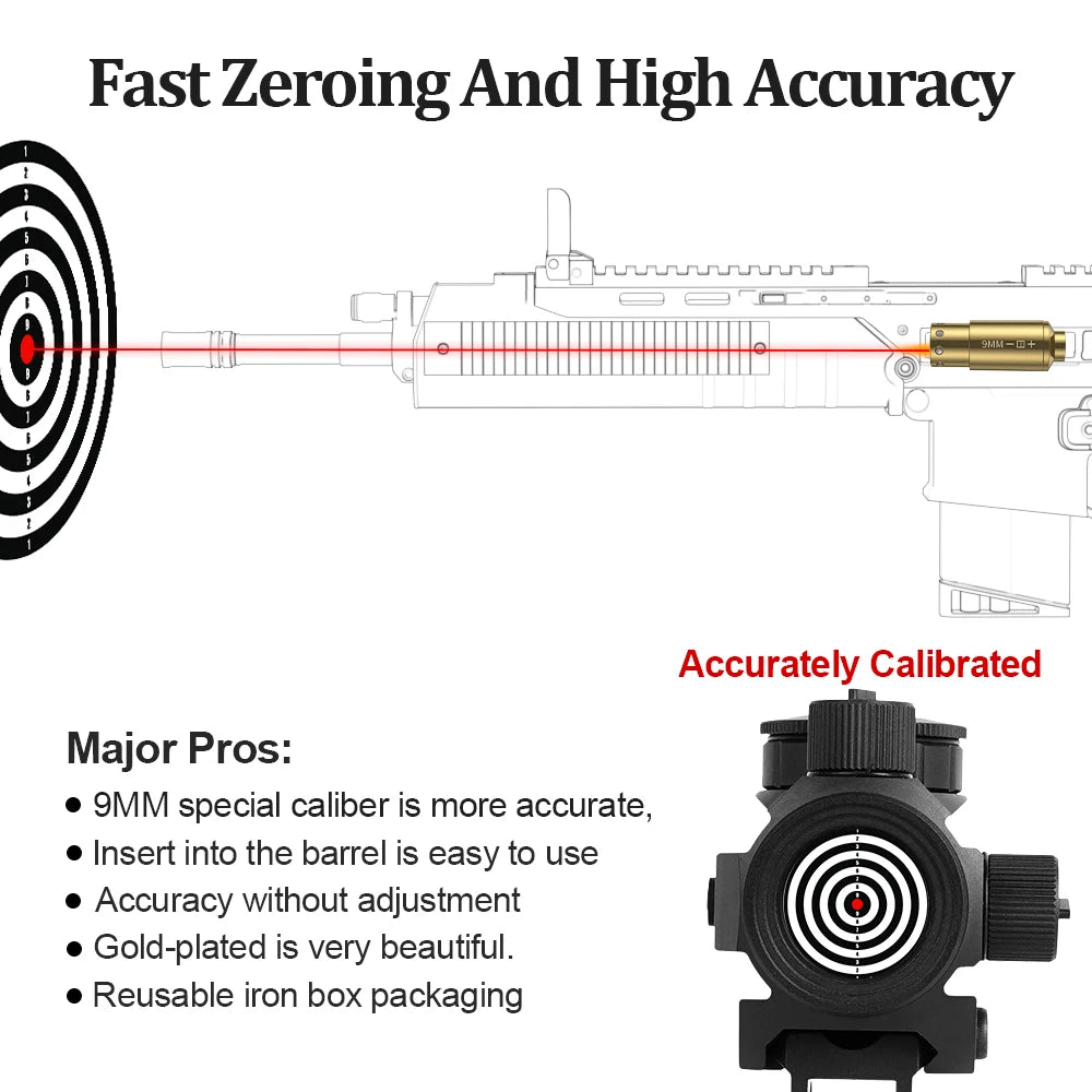 9MM Cartridge Red Dot Laser Bore Brass 9MM Bore Bore sighter For Pistol Rifle Scope