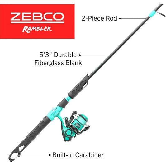 Zebco Rambler Fishing Reel and Rod Combo, Durable Fiberglass Rod with Built-in Carabiner, Patented No-Tangle Reel, Pre-Spooled w