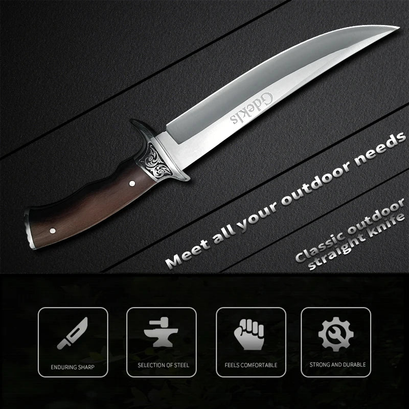 High-hardness stainless steel fixed blade with sheath ergonomic non-slip handle ideal for climbing hunting. Great festival gift