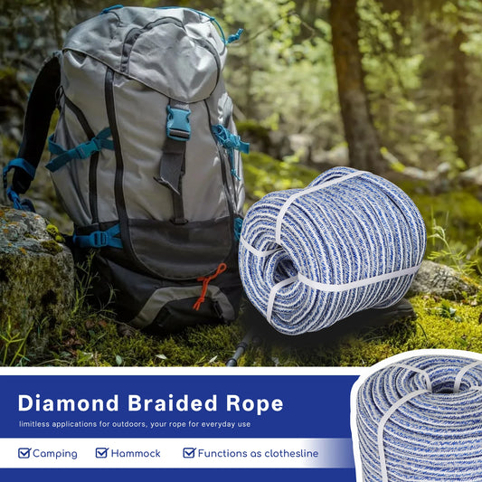 High Strength 20000lbs 3/4 Inch 24 Strand Braided Polyester Rope 200Ft White-Blue-for Tree Climbing Rigging, Arborist