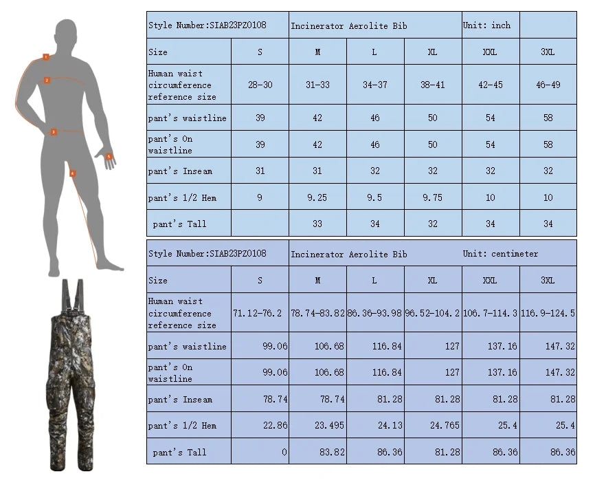 High quality Incinerator Aerolite Bib winter hunting camouflage overalls insulution hunting pants for men