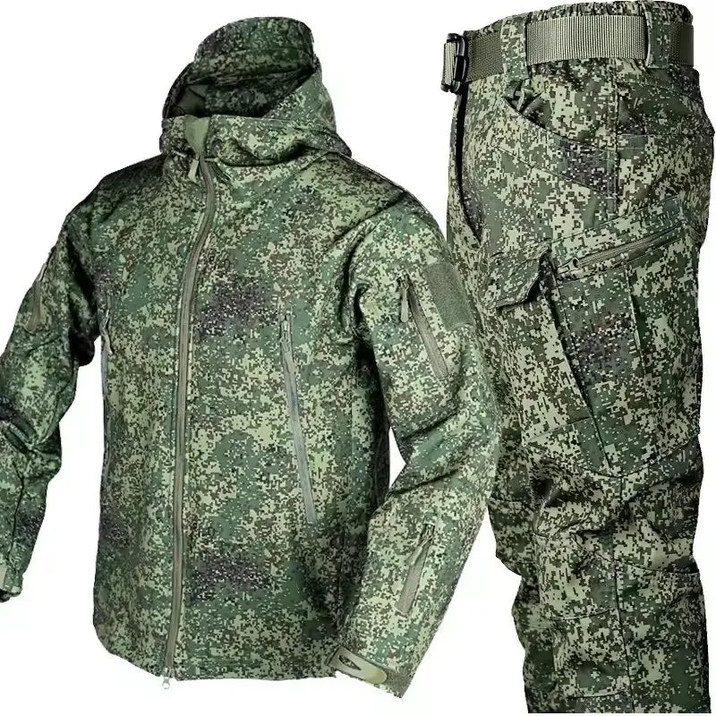 Winter Thicken Men Camo Suit Waterproof Tactical Training Set Multi-pocket Hooded Jacket Fleece Pants Outdoor Hunting 2-piece