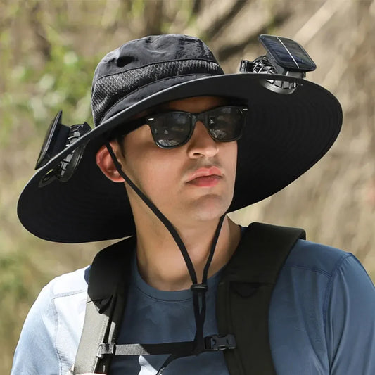 Outdoor Solar Fan with 1/2 Solar Powered Fans Cap Breathable Wide Brim Fishing Hat for Camping Hiking