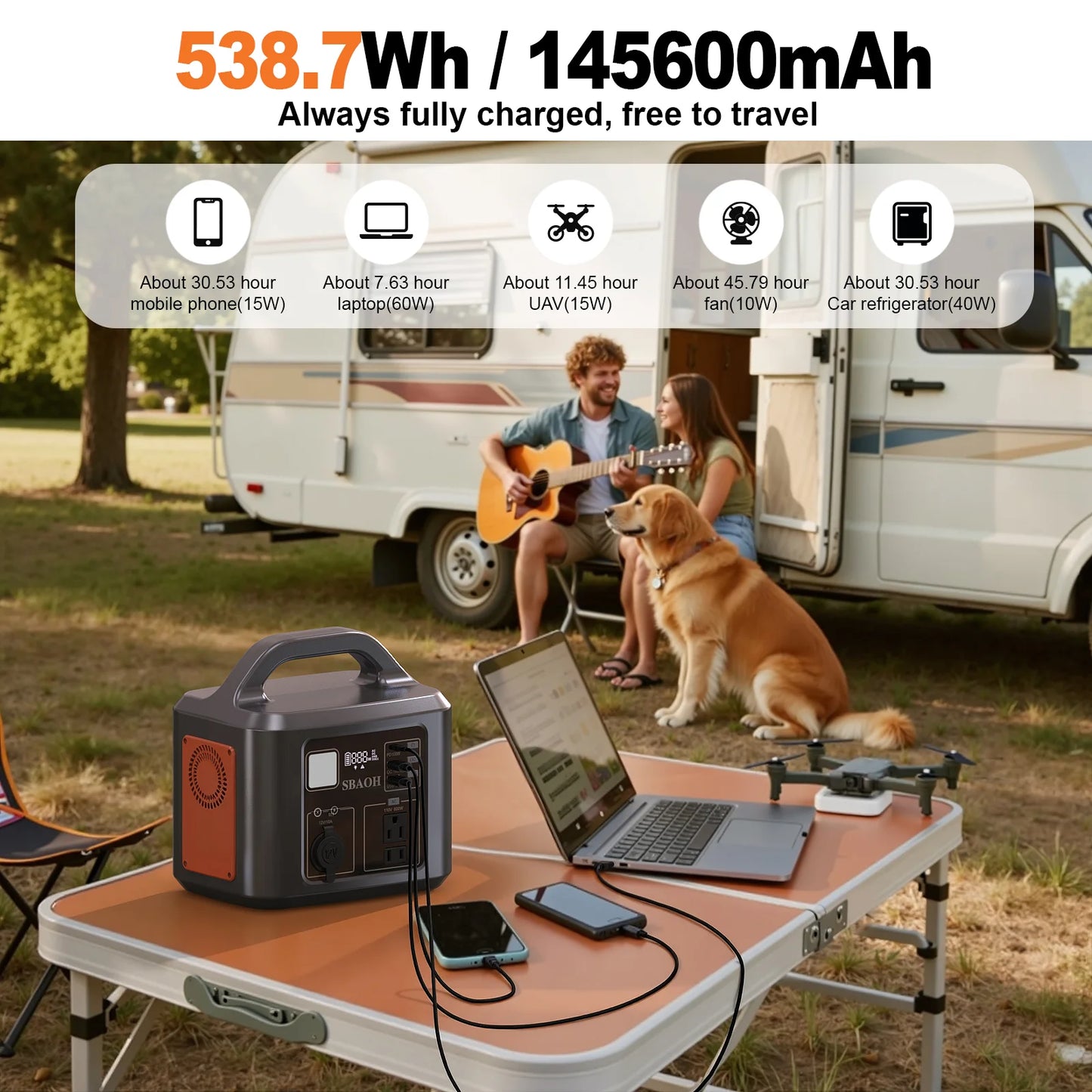 538.7Wh 600W Portable Outdoor Power Station with Solar Charging Input, AC Power Outlet,