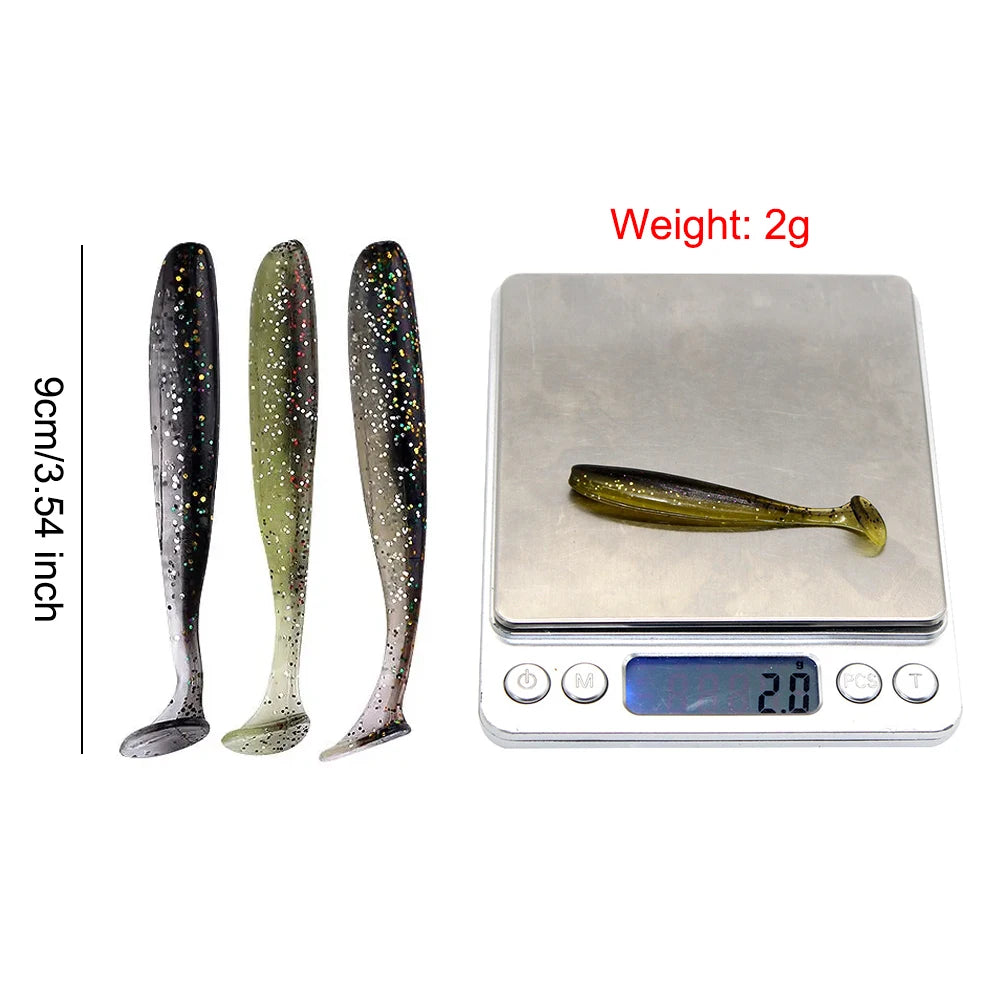 10Pcs 9cm Fishing Lures T Tail Worm Soft Bait Plastic Paddle Tail Swim Baits for Bass Trout Freshwater Saltwater