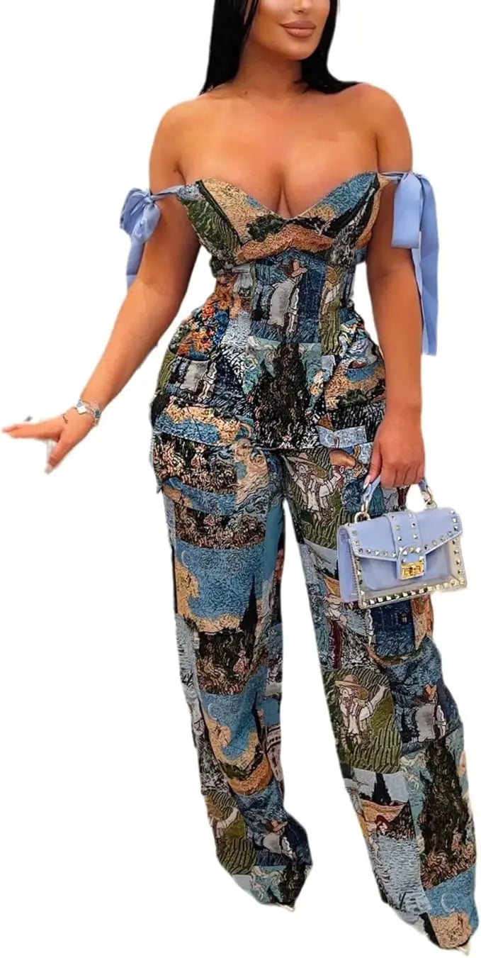 Women's Two-piece Oil Painting Suit - Sleeveless Lace-up Top with Multiple Pockets & Matching Pants - Stylish Casual Business Ou
