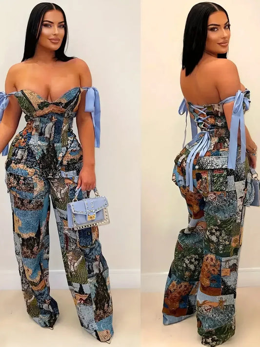 Women's Two-piece Oil Painting Suit - Sleeveless Lace-up Top with Multiple Pockets & Matching Pants - Stylish Casual Business Ou