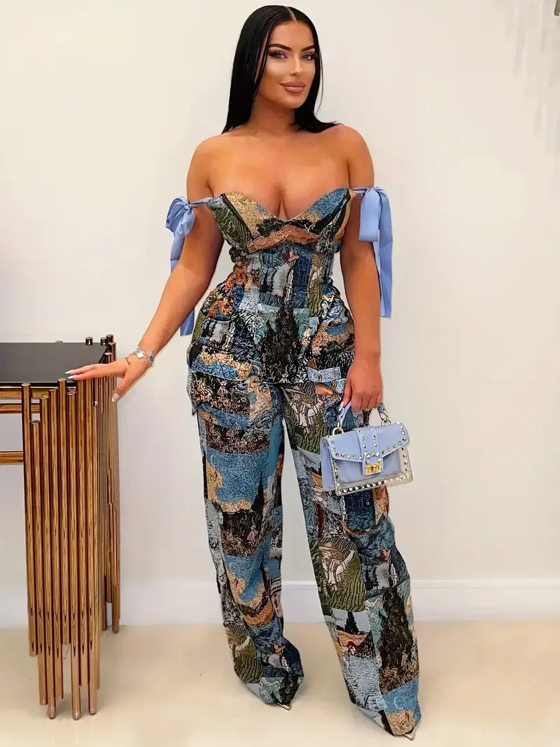 Women's Two-piece Oil Painting Suit - Sleeveless Lace-up Top with Multiple Pockets & Matching Pants - Stylish Casual Business Ou