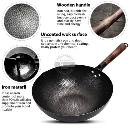 Konco Pure Iron wok cast iron pan Non-coated Pot