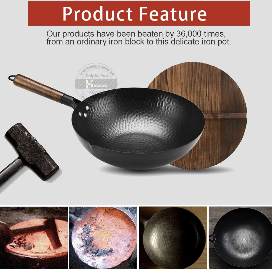 Konco Pure Iron wok cast iron pan Non-coated Pot