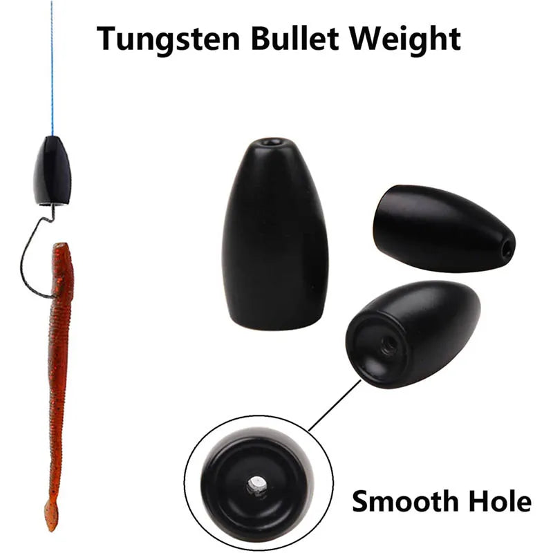 15Pcs Tungsten steel Flipping Bullet Fishing Weights Worm lure Fishing Sinkers Texas rigs Jig hooks Bait Fishing Accessories