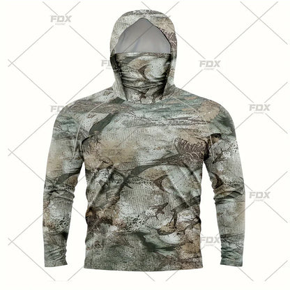 Army Green Camo Colorful Hoodie with Face Mask UV 50+Gaiter Fishing Clothing Men&