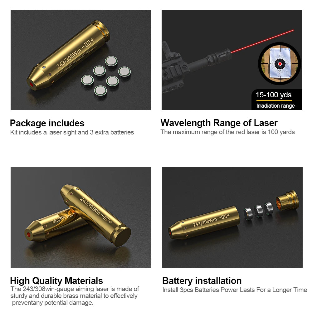 243 308WIN Optics Cartridge Red Dot Laser Bore Brass Bore Boresighter For Pistol Rifle Scope Hunting Accessories 6 Batte