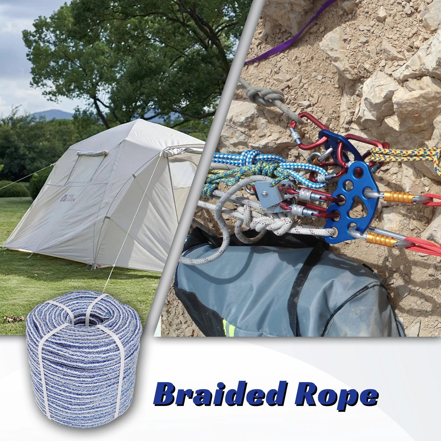 High Strength 20000lbs 3/4 Inch 24 Strand Braided Polyester Rope 200Ft White-Blue-for Tree Climbing Rigging, Arborist