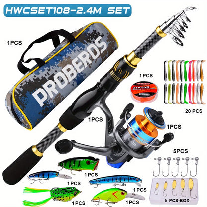 Fishing Combo Portable Ultralight Telescopic Rod and 5.1:1 Gear Ratio Spinning Reel Lures Hooks Line Full Kit