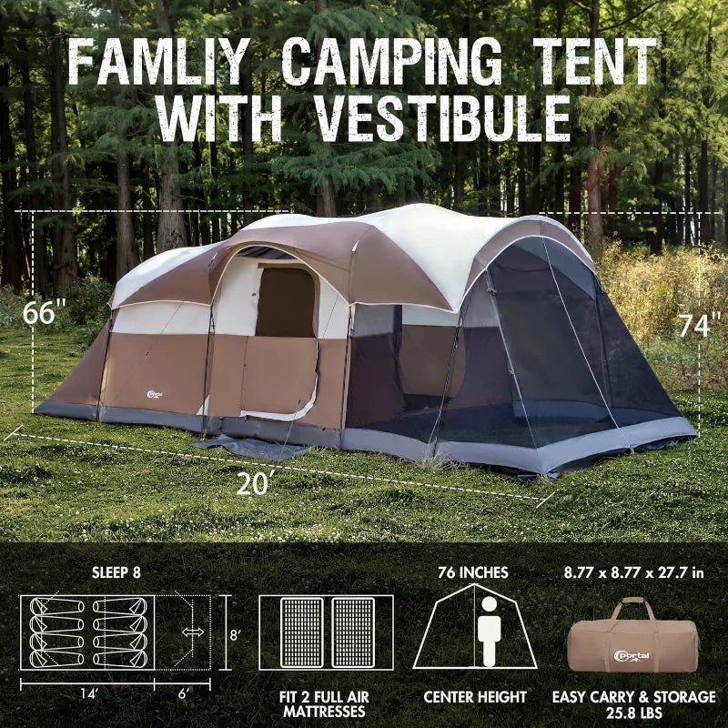 PORTAL 6/8/10 Person Family Camping Tent with Screen Room, Water Resistant Big Tunnel Tent with Rainfly