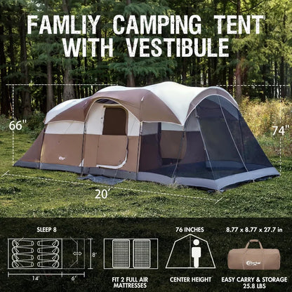 PORTAL 6/8/10 Person Family Camping Tent with Screen Room, Water Resistant Big Tunnel Tent with Rainfly