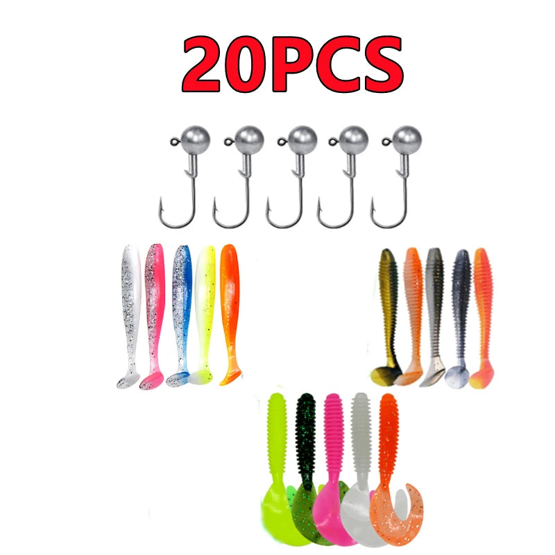 Soft Fishing Lures Kit Silicone Lure Set Artificial Bait Worm with Crank Jig Head Hooks
