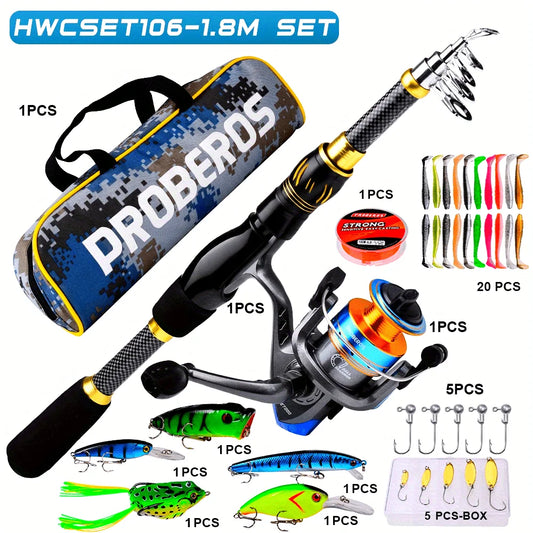 Fishing Combo Portable Ultralight Telescopic Rod and 5.1:1 Gear Ratio Spinning Reel Lures Hooks Line Full Kit