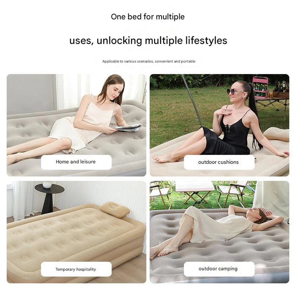 PVC Inflatable Sleeping Mattress 2 Person Camping Bed Mat Built-in Pump