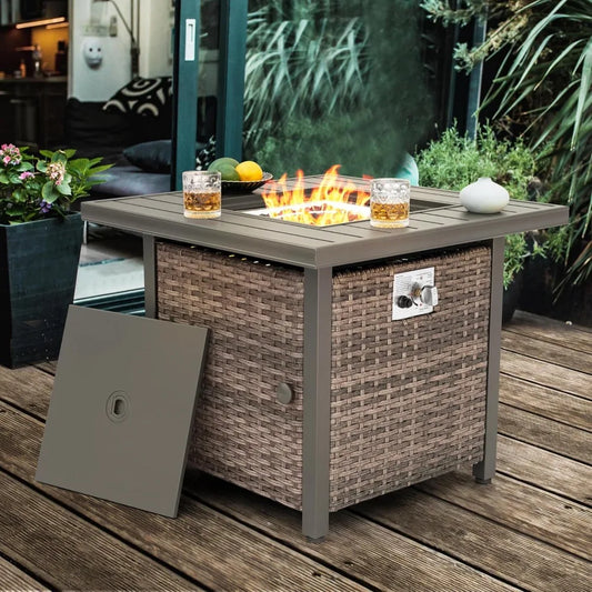 Nuu Garden Outdoor 30" 50,000 BTU Propane Gas Fire Pit Table, Square Gas Fire Pit Table with Glass Beads and Lid, Hand-Woven Wic