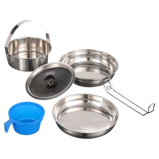 Space Saving 5 Piece Cookware Set Stainless Steel Mess Kit Non Stick Pot Fry Pan Plate Bowl Camping Cooking Tools