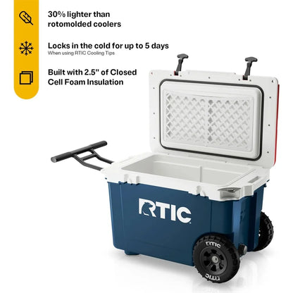 52 Quart Ultra-Light Wheeled Hard Cooler Insulated Portable Ice Chest Box for Beach, Drink, Beverage, Camping, Picnic, Fishing