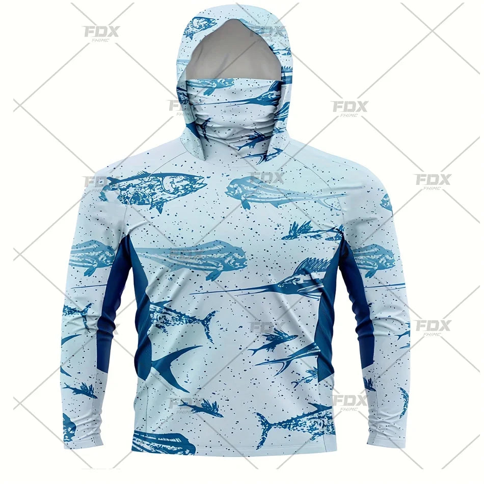 Army Green Camo Colorful Hoodie with Face Mask UV 50+Gaiter Fishing Clothing Men&