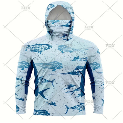 Army Green Camo Colorful Hoodie with Face Mask UV 50+Gaiter Fishing Clothing Men&