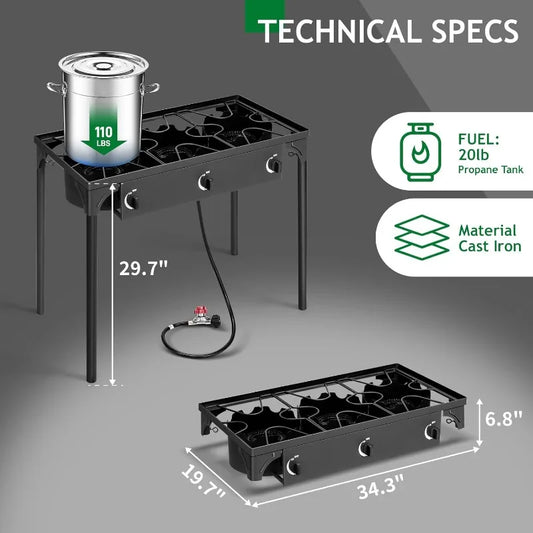 3 Burner Propane Gas Stove for Outdoor Cooking,