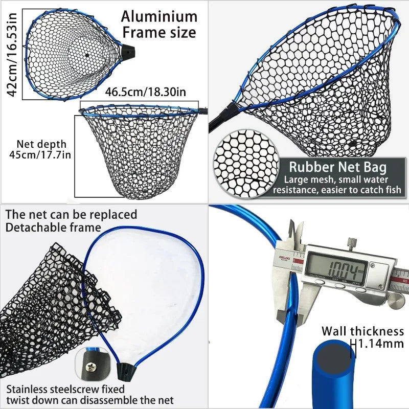Telescoping Aluminum Alloy Fishing Net - Adjustable Length and Rubber net (Blue)