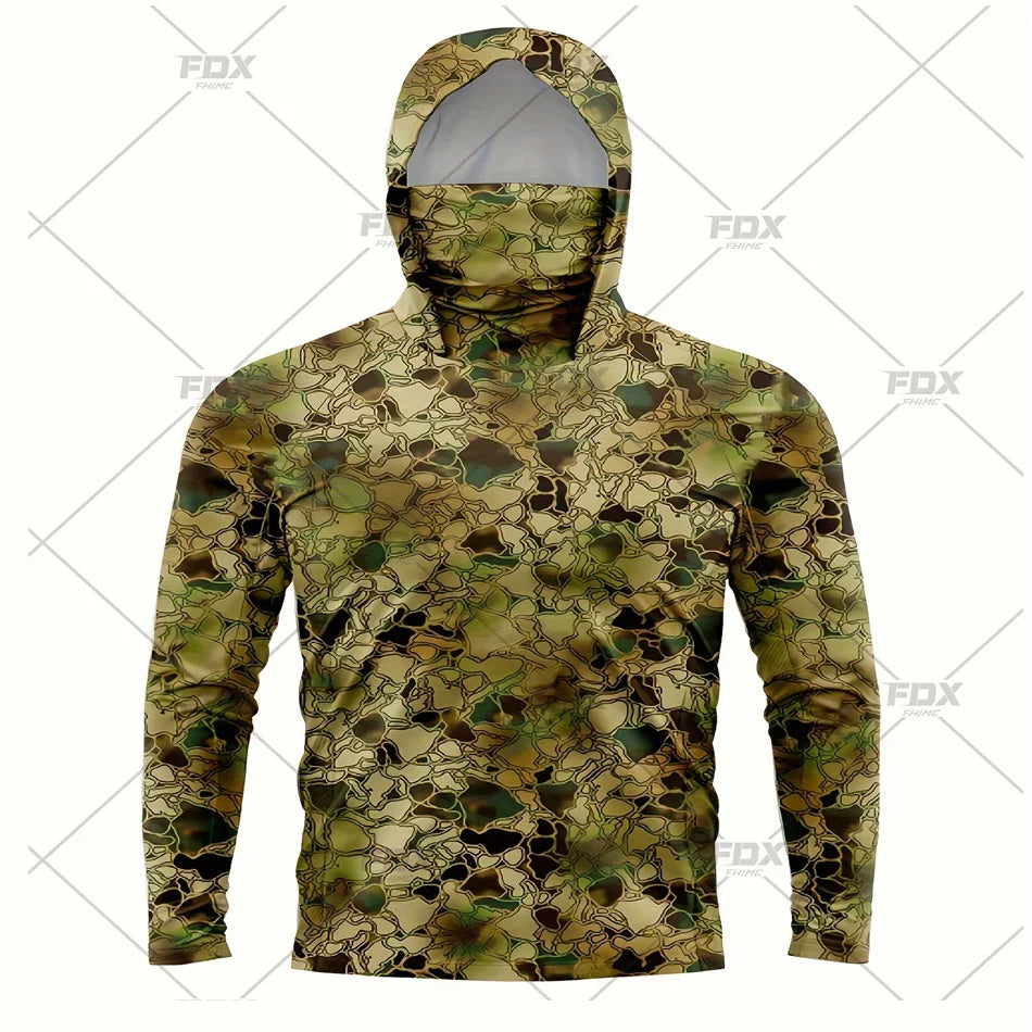 Army Green Camo Colorful Hoodie with Face Mask UV 50+Gaiter Fishing Clothing Men&